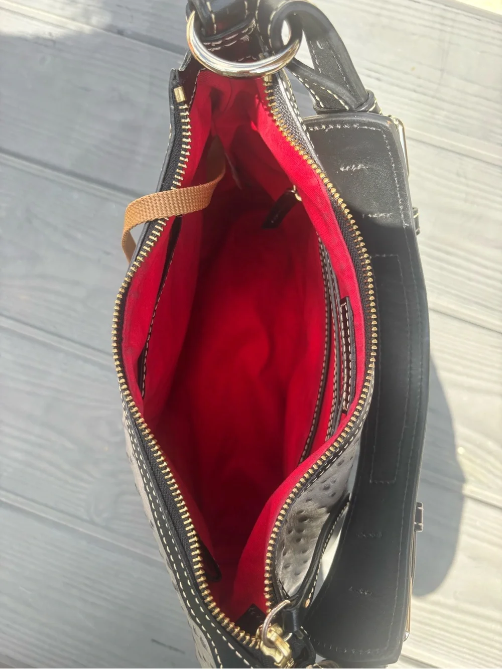 Dooney & Bourke Gray Ostrich-Embossed Leather Shoulder Bag with Black Trim EUC